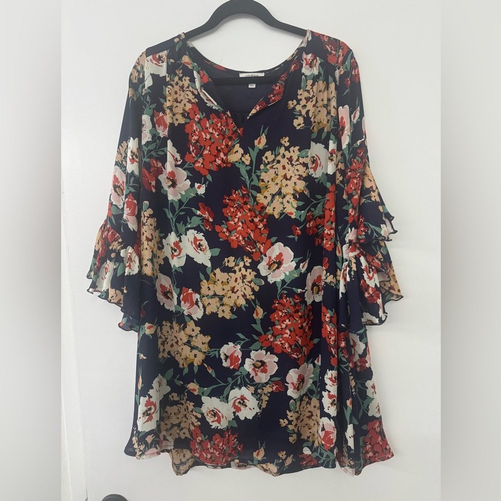 Umgee Navy Floral Dress with Ruffle Sleeves